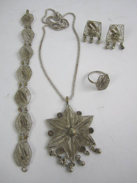 SILVER NECKLACE, BRACELET, EARRINGS & RING: From Syria. Estimate $300- 600. Starting Bid $150.