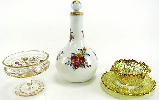 BH40 3 PIECE 19TH CENTURY EUROPEAN GLASS: Chipped glass, chipped saucer and missing handle on the cup. Tallest measures 7". Estimate $300- 400. Starting Bid $10.