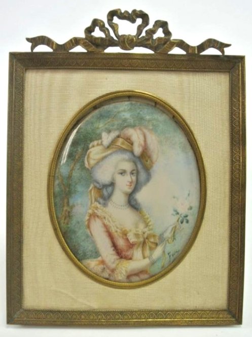 LARGE PORTRAIT MINIATURE OF MARIE ANTOINETTE ON IVORY: Hand painted 19th/early 20th c French miniature in ormolu frame. Signed "Felix". Measures 4 x 3 1/4" without frame. Estimate $700- 700. Starting Bid $10.