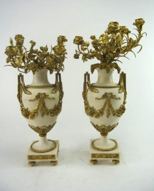 BH64 19TH CENTURY MARBLE & ORMOLU CANDELABRAS: Measures 22 1/4" tall. Estimate $3,500- 5,000. Starting Bid $10.