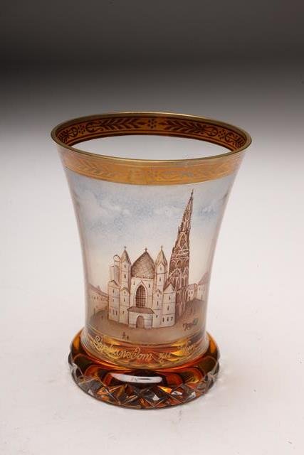 BH218 AUSTRIAN ENAMELED BEAKER: Measures 4 1/2". Estimate $150 - $250 Starting Bid $10.