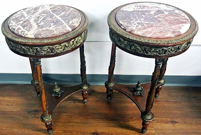BH71 PAIR OF ORMOLU MOUNTED SIDE TABLES: Measures 30" tall x 19" diameter. Estimate $1,800- 2,000. Starting Bid $10.