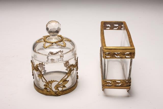 BH217 TWO ORMOLU MOUNTED GLASS ORNAMENTS: Measures 3" x 4" x 1 1/4". Estimate $150 - $250 Starting Bid $10.