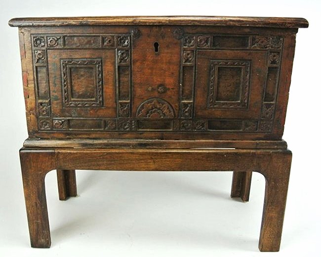 J68-4 ITALIAN DOCUMENT BOX: Contemporary stand. Measures on stand 22" tall x 24 1/2" long 12 1/2" wide. Estimate $200- 300. Starting Bid $100.The stand appears to be added at a later time.