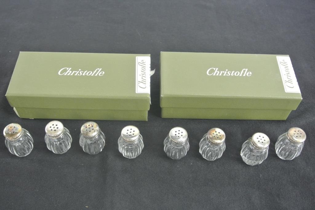 H25-5 CHRISTOFLE SALT & PEPPER SHAKERS W/ STERLING LIDS: Measures 1 1/2" tall. Estimate $100 - $200. Starting bid $50.
