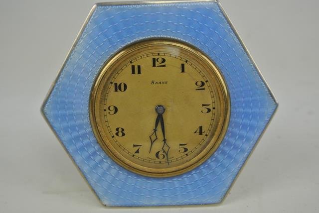A47-2 SILVER AND ENAMEL 8 DAY CLOCK: Estimate $400- 450. Starting Bid $10.