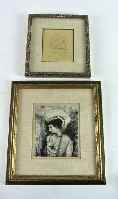 H25-87 TWO PIECES OF ARTWORK: Odilon Redon Litho (1896) and Berthe Morisot drypoint (1892) Largest measures 12" x 11" with frame. Estimate $200- 400. Starting Bid $20. 11446,11445