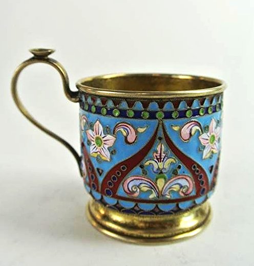 A47-19 RUSSIAN ENAMEL CUP 84 SILVER: Gold wash inside. Measures 2 1/2", weighs 2.7 troy ounces. Estimate $600 - $800 Starting Bid $300