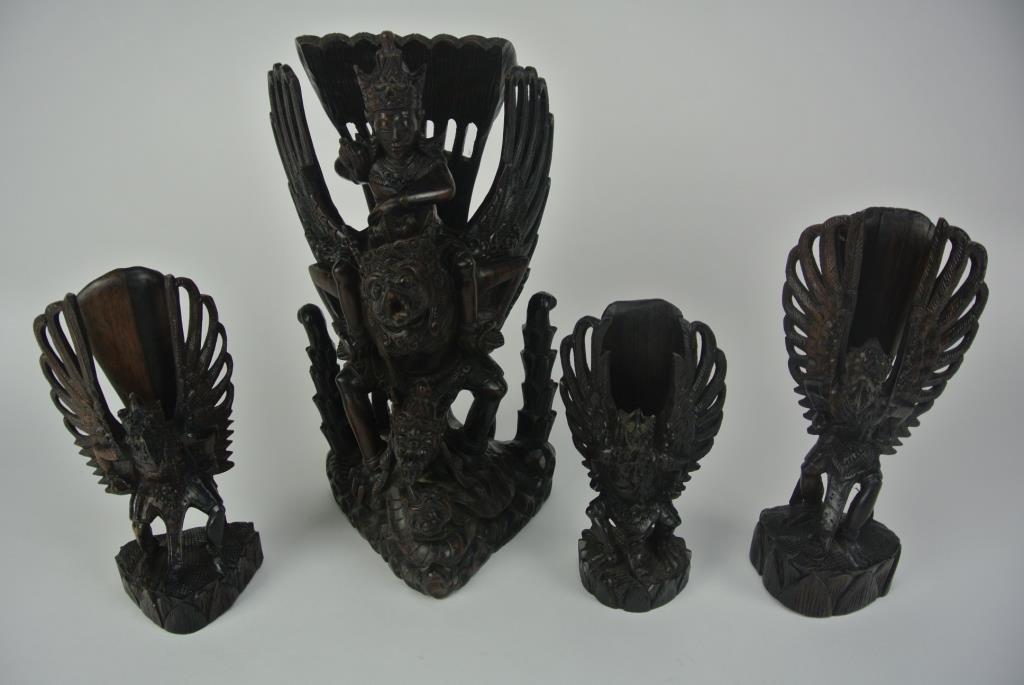 J78-9 FOUR EBONY CARVED GARUDA WISFU: Tallest measures 12". Estimate $100- 200. Starting Bid $10.