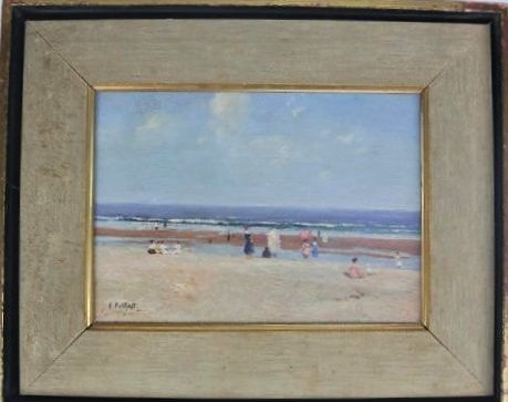 A45-28 EDWARD HENRY POTTHAST BEACH SCENE OIL ON PANEL: Signed E. Potthast OIL ON PANEL. Edward Henry Potthast, American, 1857-1927. The consignor guarantees authenticity. Measures 14" x 17" with frame. Estimate $2,000 - $3,000 Starting Bid $1,000