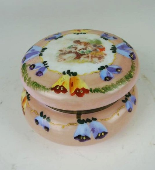 J99-13 FRENCH OPALINE ENAMELED COVERED JAR: Hinge is broken. Measures 4" tall x 6" diameter. Estimate $100- 150. Starting Bid $50.