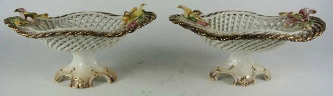 J96-24 TWO CAPODIMONTE RETICULATED BASKETS: Measures 8" x 15 1/4" x 10 1/2". Some crazing inside. Estimate $50 - $75 Starting Bid $10