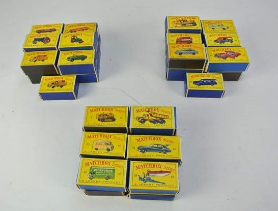 F72-6 THIRTY-EIGHT MATCHBOX VEHICLES: Cars, trucks, busses, tractors, trailers and boats. Includes catalogs from 1968 (14) and 1969 (17). Estimate $800- 1,200. Starting Bid $275.