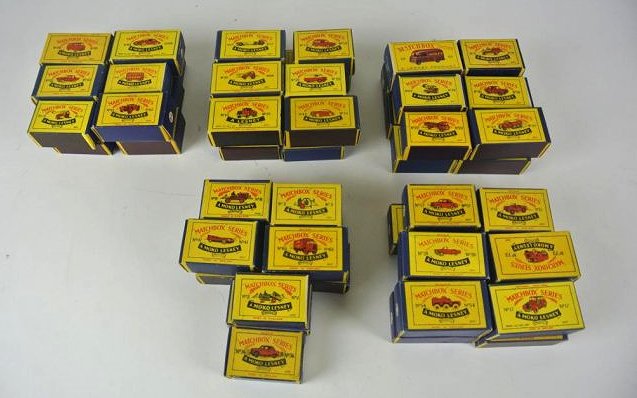 F72-7 FIFTY-NINE MATCHBOX VEHICLES: Cars, trucks, busses, tractors and motorcycles. Estimate $2,000- 2,500. Starting Bid $475.