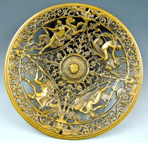 A44-33 SARGENT & CO NEW HAVEN, CONN. BRONZE PLATE: Fabulous ornate bronze depicting nudes riding fish. Measures 7 1/4" diameter. Estimate $400 - $600 Starting Bid $200