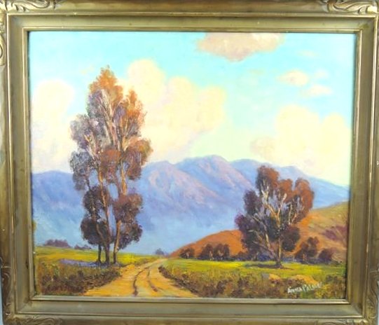 A44-26 C 1930s CALIFORNIA PLEIN AIR OIL ON BOARD: Signed Anna Palmer. Measures 24" x 20" and with frame 28 1/2" x 24 1/2". Estimate $500 - $700 Starting Bid $200