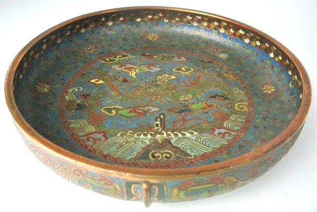 K12-1 CHAMPLEVE CENTER BOWL: Signed on bottom (see picture). Measures 1 3/4" x 12" diameter. Estimate $200 - $400 Starting Bid $100