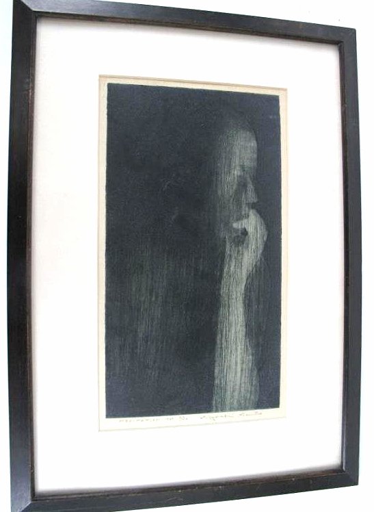 K12-7 KIYOSHI SAITO 1969 JAPANESE WOODBLOCK: Signed and Numbered 8/20. Titled "Meditation". Image 7 3/4" x 14", 15 1/2" x 21 1/2" with frame. Good Condition. Estimate $500 - $800. Starting Bid $100.