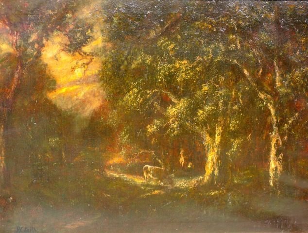 A44-52 SGD W. KEITH "COW IN PASTEUR" OIL PAINTING: William Keith, Scottish American (1838 - 1911). Signed W. Keith '08. Measures 34" x 28". Estimate $1,600 - $2,000 Starting Bid $600