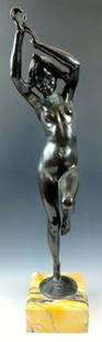 A44-96 LOUIS MARIE JULES DELAPCHIER NUDE BRONZE: Signed L. Delapchier (French; Active, 1900 - 1930). "Danseuse" a bronze figure of a nude with her left knee bent up and both her hands over head, mounted on a brown and black veined base. Signed in th