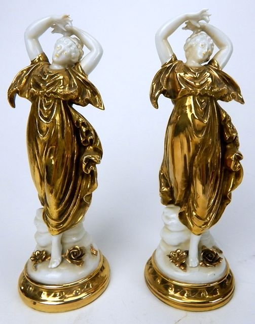 A14-12 PAIR OF CAPODIMONTE DANCING WOMEN FIGURINES: Measures 10". Estimate $200 - $300 Starting Bid $50