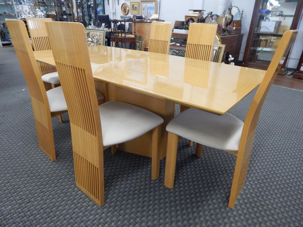 K25-1 PIETRO CONSTANTINI MODERN TABLE W/ 6 CHAIRS: Well known Italian designer. Chairs signed "Pietro Constantini Made in Italy", table not signed. Comes with one leaf 42" x 36", table 30" High x 78" long x 42" wide. Table lacquer has lifted a bit, on