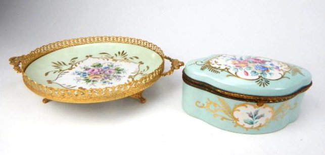 K13-91 LIMOGES BOX & LIMOGES FOOTED TRAY: Box measures 3 1/2" x 8 1/4" x 5 1/2" and tray 10" diameter. Both are Marked on bottom (see picture). Estimate $200 - $300 Starting Bid $50