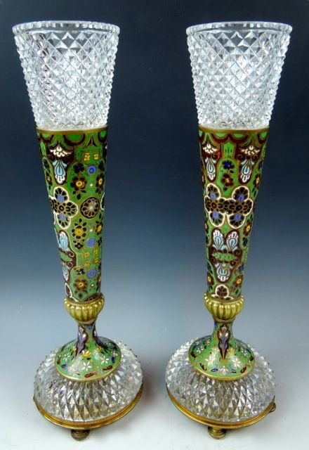 A44-20  PAIR FABULOUS CHAMPLEVE & CUT GLASS VASES (1 of 1)