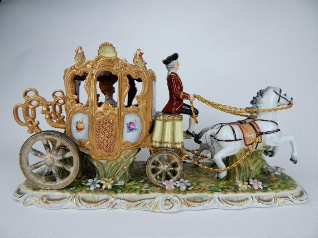 K13-69  DRESDEN PORCELAIN TWO HORSE W/ CARRIAGE (1 of 10)