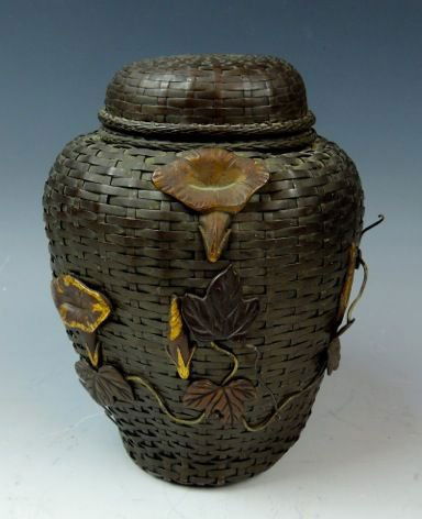 A44-37  ANTIQUE JAPANESE BRONZE WEAVED BASKET (1 of 2)