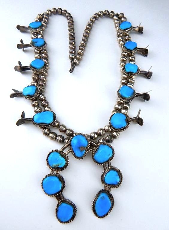 A27-13  HANDMADE SILVER & TURQUOISE SQUASH BLOSSOM (1 of 8)