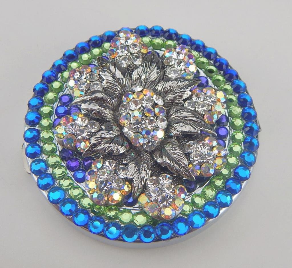 J65-71 MIRRORED COMPACT WITH COLORFUL CRYSTALS: Measures 3 3/4" diameter. Estimate $40 - $80 Starting Bid $10