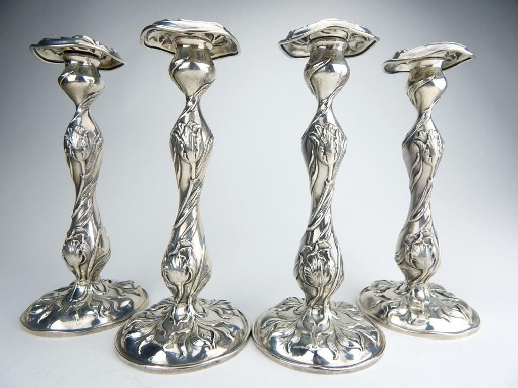 K13-12  FOUR ART NOUVEAU STERLING CANDLE STICKS (1 of 7)