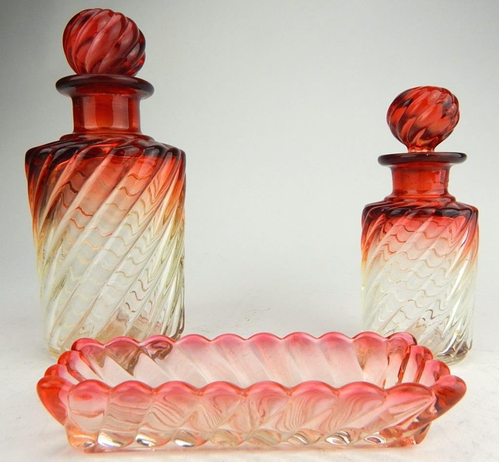K13-24 BACCARAT GLASS "ROSE TIENTE" BOTTLES & DISH (1 of 5)