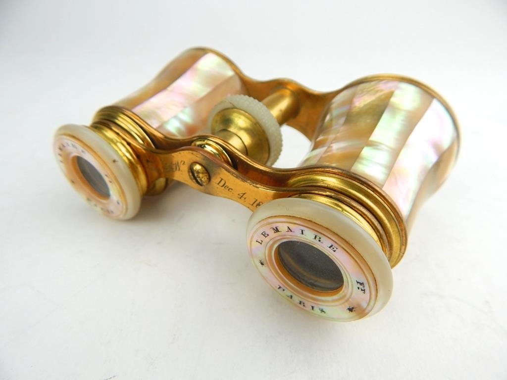 K13-27 FRENCH MOTHER OF PEARL OPERA GLASSES: Marked "Lemaire FT Paris" also has number "63" stamped and a bumble bee (see pictures). Engraved "Carrie Brackett Merrill Littleton N.H." in the center on front and on the back "From A.A.W. Dec. 4th 1
