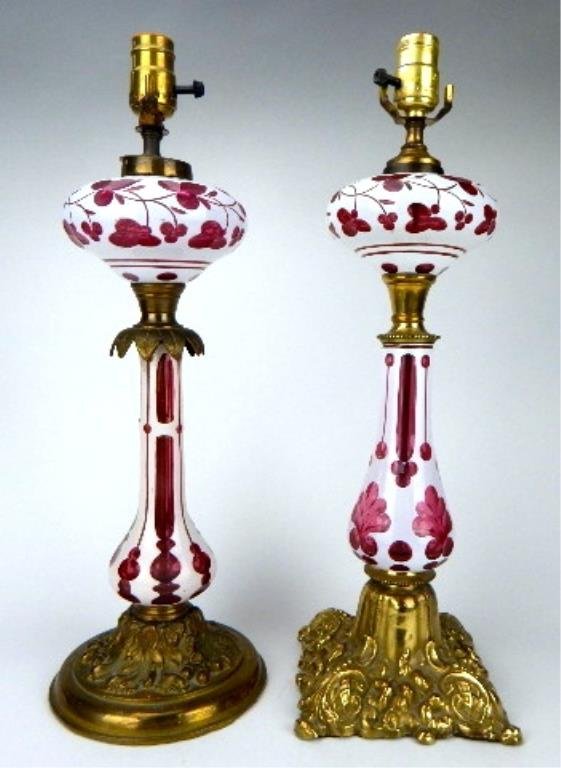 K13-6  PAIR OF BOHEMIAN RUBY & WHITE GLASS LAMPS (1 of 6)