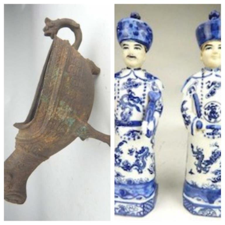 J65-36  CHINESE PAIR OF FIGURES & BRONZE VESSEL (1 of 10)