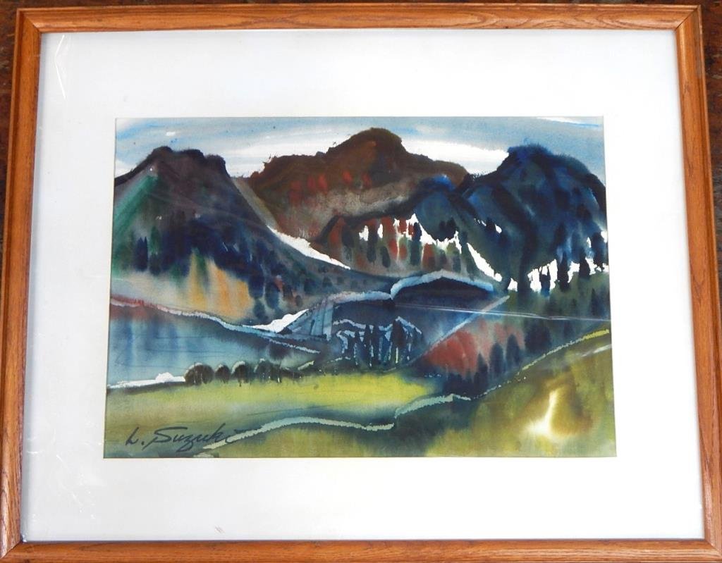 K31-8 LEWIS SUZUKI (CALIF. b1920) WATERCOLOR: Lewis Suzuki was born in Los Angeles, California in 1920. An important figure in the watercolor movement known as the "California Style", Suzuki studied at the Otis Art Institute in Los Angeles, and t