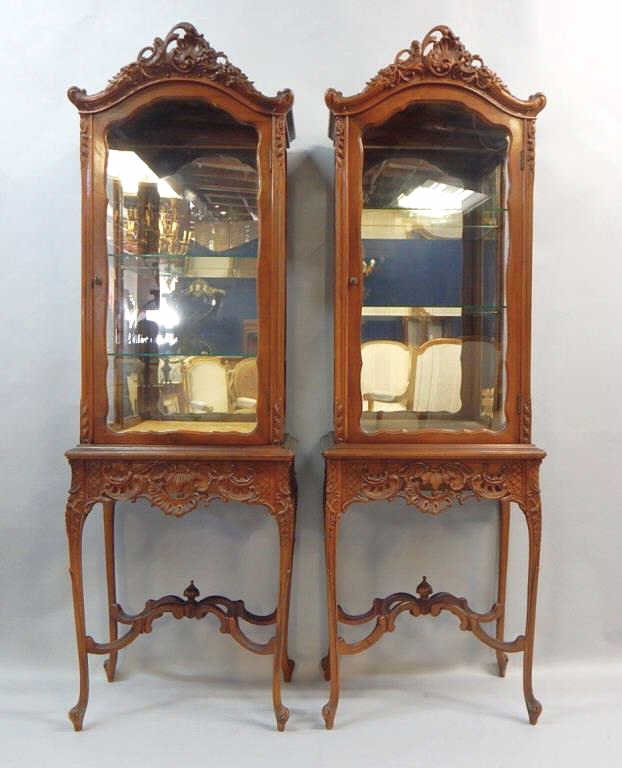 K44-6  PAIR OF FRENCH CARVED WALNUT VITRINES (1 of 5)