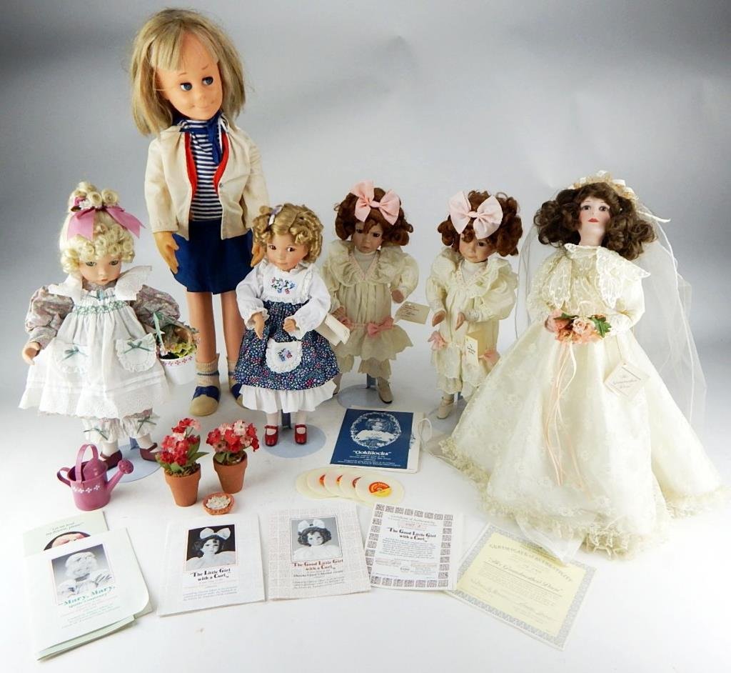 K44-3 COLLECTION OF SIX VINTAGE DOLLS: Including a 24" Chatty Cathy doll with five records, William Hanson 15" "Grandma's Dress" doll, four Dianna Effner 14" dolls, Mary Mary, Goldilocks, and two the Good Little Girls, some original paperw