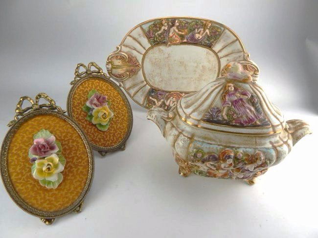 K45-5  CAPODIMONTE TUREEN, PLATTER & TWO FLOWER PLAQUES (1 of 10)