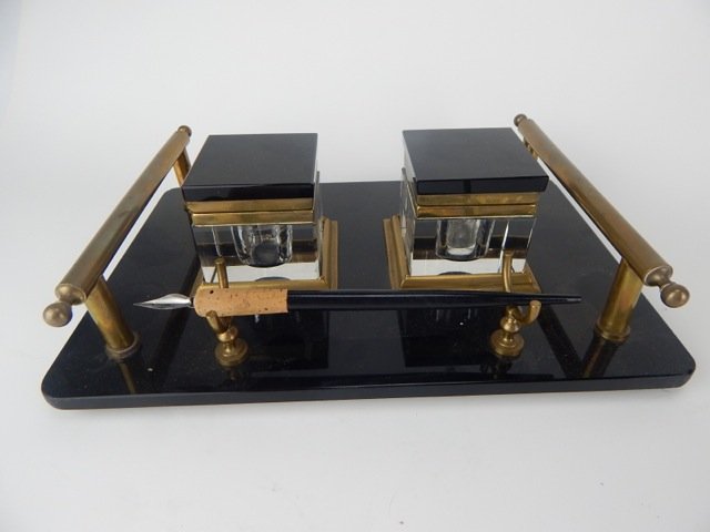 A20-25  VINTAGE BLACK GLASS, BRASS & ONYX DESK SET (1 of 3)