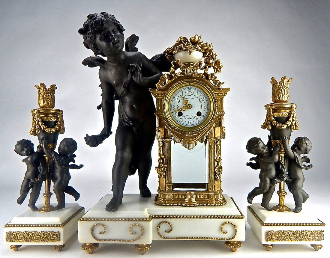 Marble Gilt & Patinated 3pc. Clock Set (1 of 9)