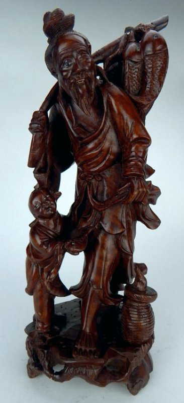 Chinese Hand Carved Wood Of Fisherman With A Boy