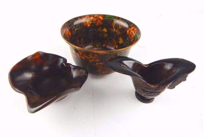 Two Chinese Carved Wood Vessels and Cloisonne Bowl (1 of 9)