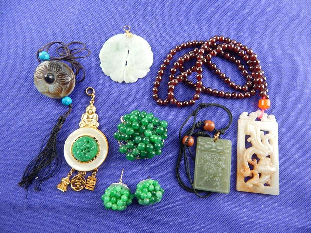 Chinese Jade & Stone Carved Pendants and Earrings (1 of 7)