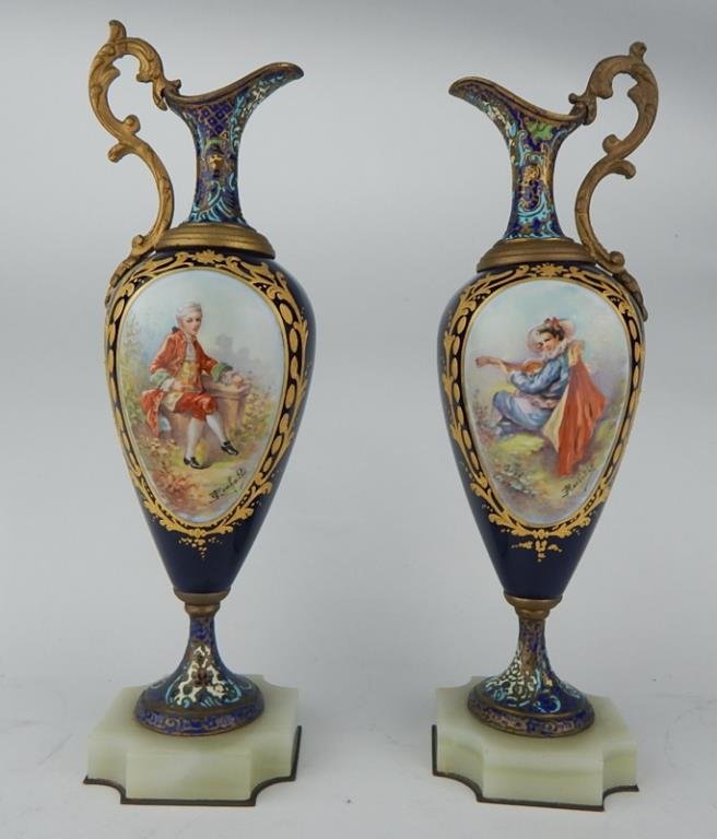 Pair 19th C. Sevres & Champleve Enamel Ewers (1 of 7)