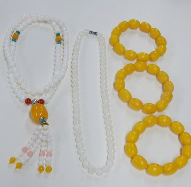 Three Yellow Amber Bracelets & Two Shell Necklaces (1 of 1)