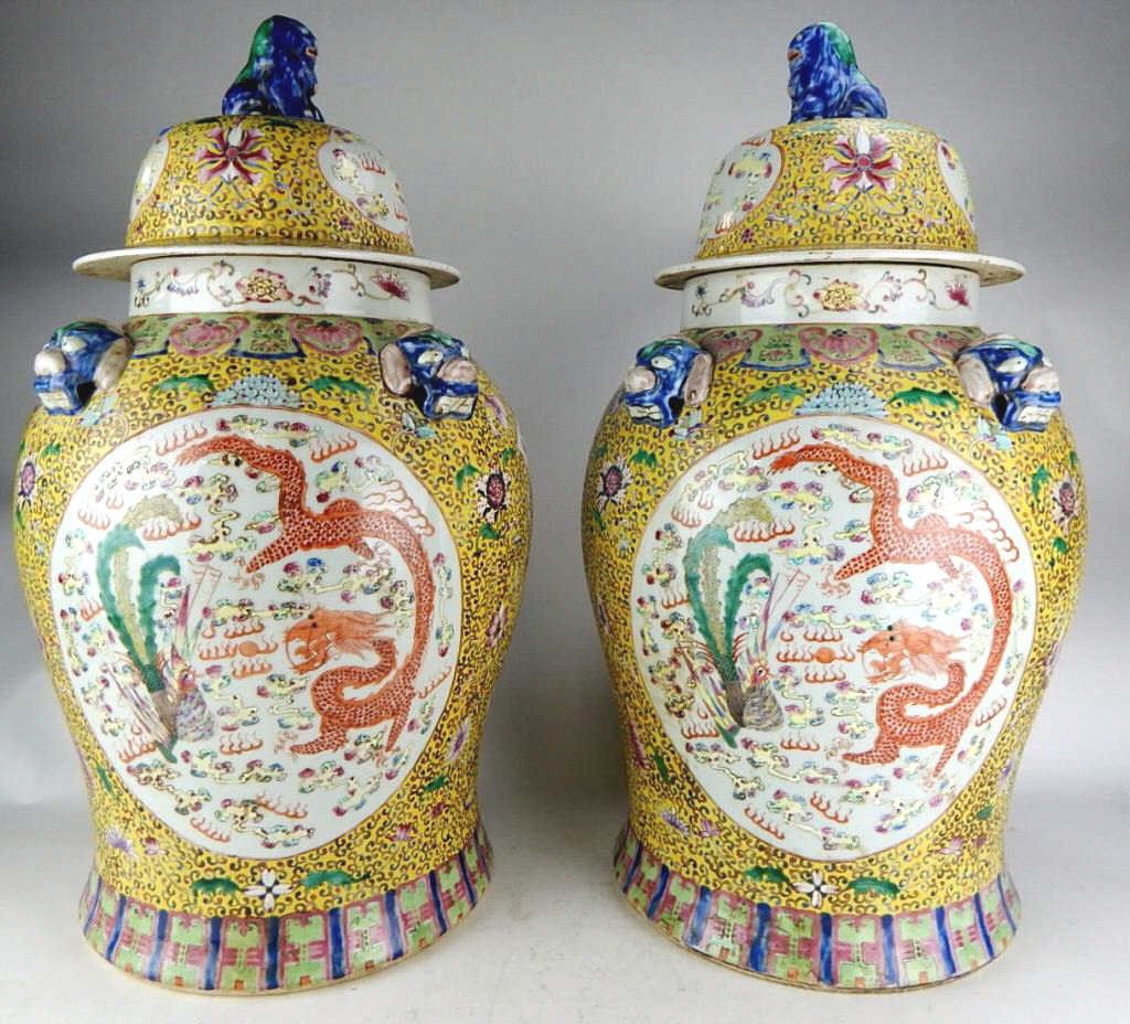 Pair of Large Chinese Porcelain Famille Jaune Jars (1 of 9)