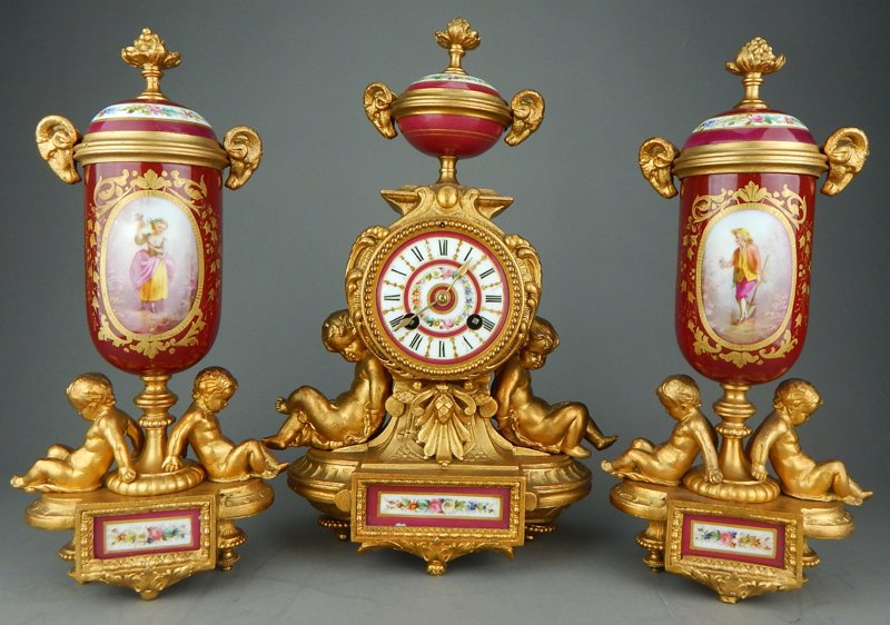 Sevres Red Porcelain & Gilt Bronze Figural Clock Set (1 of 9)